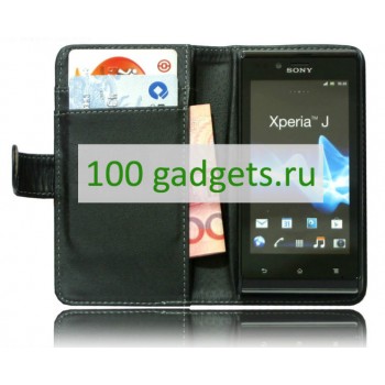 Чехол кожаный горизонтальный портмоне для Sony Xperia J ST26i Черный