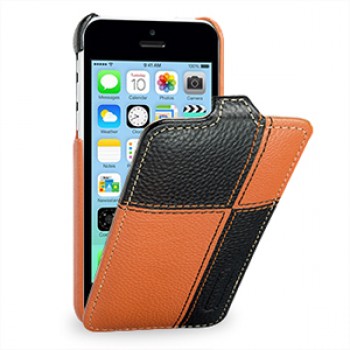 Кожаный премиум чехол книжка вертикальная (нат. кожа) серия Pieces для Iphone 5c оранжевая