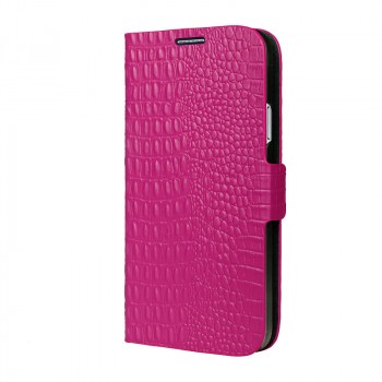 Кожаный чехол горизонтальная книжка (нат. кожа) подставка на силиконовой основе с магнитным креплением текстура крокодил для Samsung Galaxy S5 Розовый