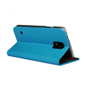 Кожаный чехол горизонтальная книжка (нат. кожа) подставка на силиконовой основе с магнитным креплением текстура крокодил для Samsung Galaxy S5 Голубой