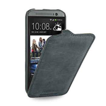 Эксклюзивный кожаный чехол книжка вертикальная (винтажная нат. кожа) для HTC One 2 синяя