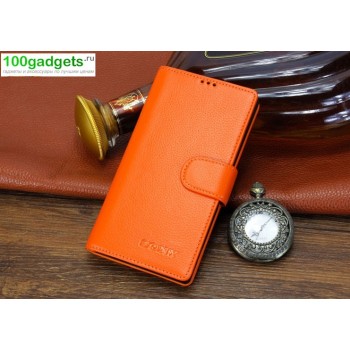 Кожаный чехол портмоне (нат. кожа) с магнитной застежкой для Sony Xperia T2 Ultra Оранжевый