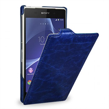 Эксклюзивный кожаный чехол вертикальная книжка (цельная телячья нат. кожа) для Sony Xperia Z2 голубая