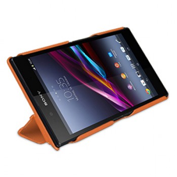 Кожаный чехол книжка подставка горизональная сегментаная (нат. кожа) для Sony Xperia Z Ultra оранжевая