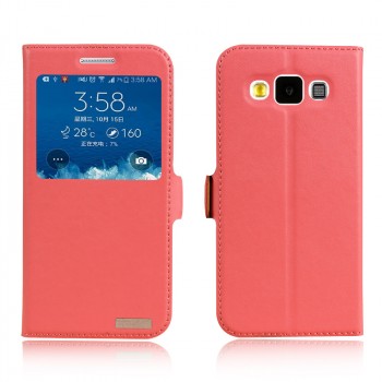 Чехол флип подставка на пластиковой основе с окном вызова для Samsung Galaxy E5 Розовый