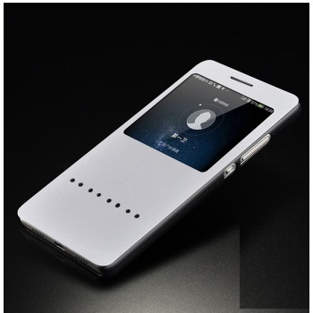 Текстурный чехол смарт флип на пластиковой основе с окном вызова и свайп полосой для Huawei P8 Lite Белый