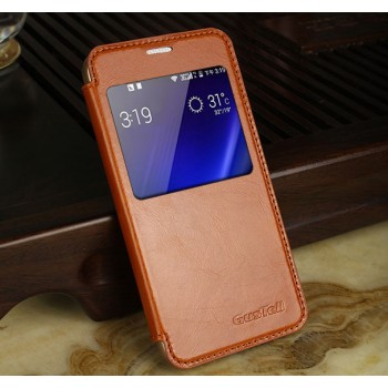 Кожаный чехол флип подставка на пластиковой основе с окном вызова для Samsung Galaxy S6 Оранжевый