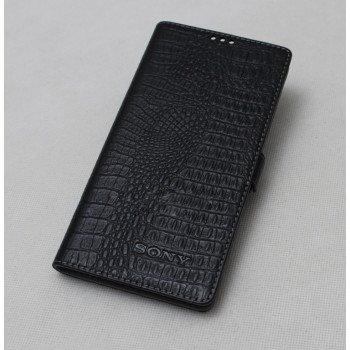 Кожаный чехол горизонтальная книжка (нат. кожа крокодила) с крепежной застежкой для Sony Xperia M2 Aqua Черный