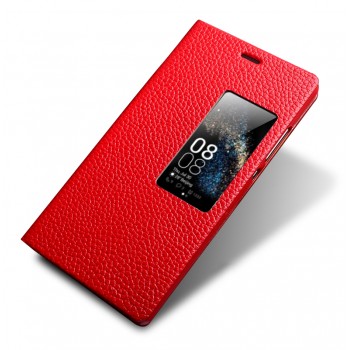 Кожаный чехол флип подставка (нат. кожа) с окном вызова для Huawei P8 Красный