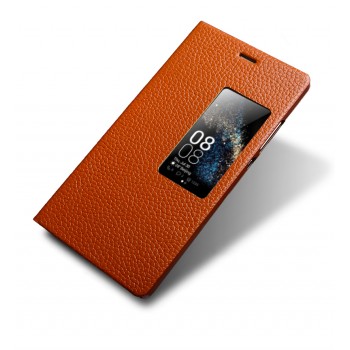 Кожаный чехол флип подставка (нат. кожа) с окном вызова для Huawei P8 Коричневый