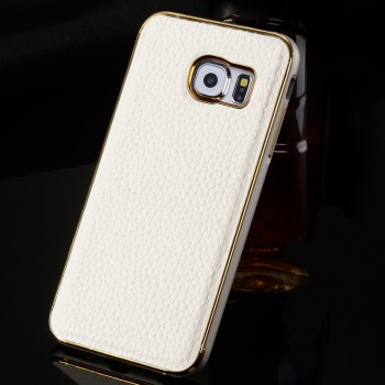 Двухкомпонентный чехол металлический бампер с кожаной накладкой для Samsung Galaxy S6 Белый
