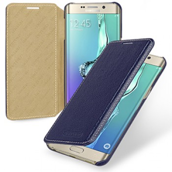 Кожаный чехол горизонтальная книжка (нат. кожа) для Samsung Galaxy S6 Edge Plus Синий