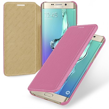 Кожаный чехол горизонтальная книжка (нат. кожа) для Samsung Galaxy S6 Edge Plus Розовый
