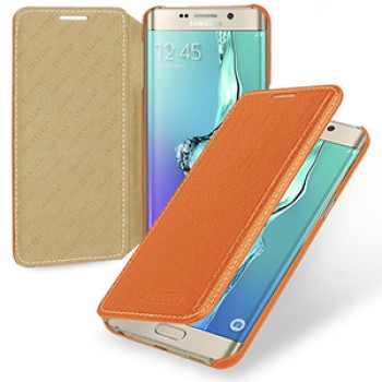 Кожаный чехол горизонтальная книжка (нат. кожа) для Samsung Galaxy S6 Edge Plus Оранжевый