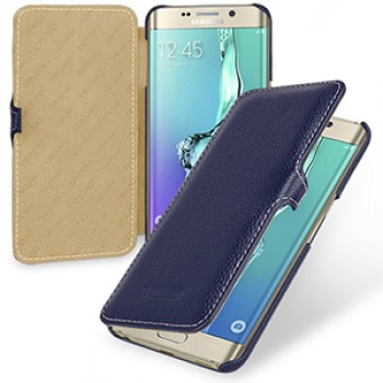 Кожаный чехол горизонтальная книжка (нат. кожа) с крепежной застежкой для Samsung Galaxy S6 Edge Plus Синий