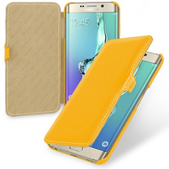 Кожаный чехол горизонтальная книжка (нат. кожа) с крепежной застежкой для Samsung Galaxy S6 Edge Plus Желтый