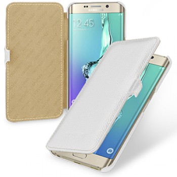 Кожаный чехол горизонтальная книжка (нат. кожа) с крепежной застежкой для Samsung Galaxy S6 Edge Plus Белый