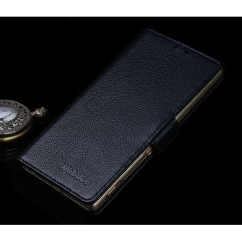 Кожаный чехол горизонтальная книжка (нат. кожа) с крепежной застежкой для Sony Xperia M5 Черный