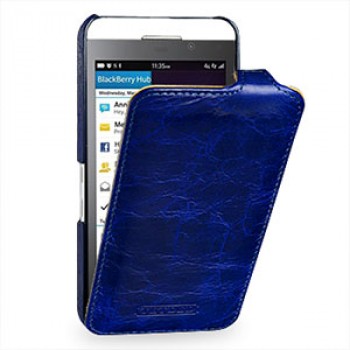 Эксклюзивный кожаный чехол вертикальная книжка (цельная телячья нат. вощеная кожа) для BlackBerry Z10 Синий