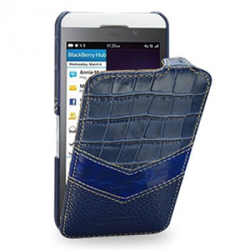 Эксклюзивный кожаный чехол ручной работы книжка вертикальная (3 вида нат. кожи) для BlackBerry Z10 Синий