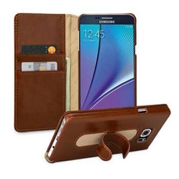 Кожаный чехол портмоне горизонтальная книжка подставка (нат. кожа) для Samsung Galaxy Note 5 Коричневый