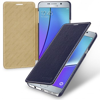 Кожаный чехол горизонтальная книжка (нат. кожа) для Samsung Galaxy Note 5 Синий