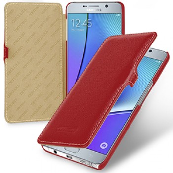 Кожаный чехол горизонтальная книжка (нат. кожа) с крепежной застёжкой для Samsung Galaxy Note 5 Красный