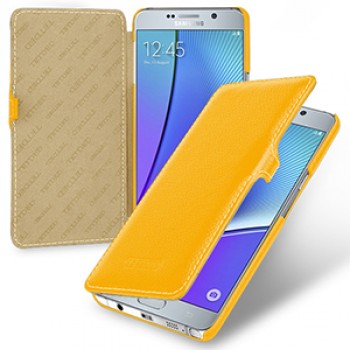 Кожаный чехол горизонтальная книжка (нат. кожа) с крепежной застёжкой для Samsung Galaxy Note 5 Желтый