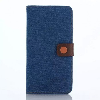 Чехол портмоне подставка с крепежной застежкой и тканевым покрытием Джинса для Samsung Galaxy Note 5 Синий