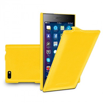 Кожаный чехол вертикальная книжка (нат. кожа) для Blackberry Leap Желтый
