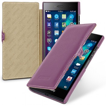 Кожаный чехол горизонтальная книжка (нат. кожа) с крепежной застежкой для Blackberry Leap Фиолетовый