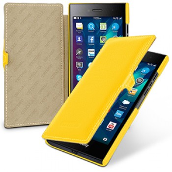 Кожаный чехол горизонтальная книжка (нат. кожа) с крепежной застежкой для Blackberry Leap Желтый