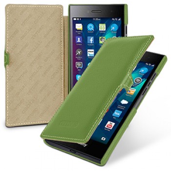 Кожаный чехол горизонтальная книжка (нат. кожа) с крепежной застежкой для Blackberry Leap Зеленый