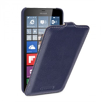 Кожаный чехол вертикальная книжка (нат. кожа) с крепежной застежкой для Microsoft Lumia 640 XL Синий