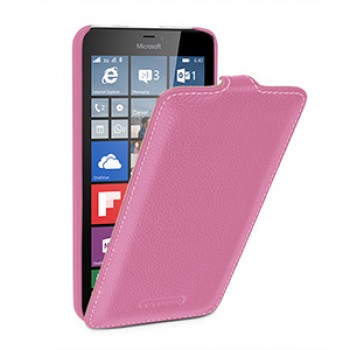 Кожаный чехол вертикальная книжка (нат. кожа) с крепежной застежкой для Microsoft Lumia 640 XL Розовый