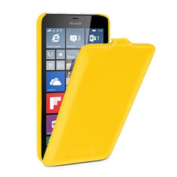 Кожаный чехол вертикальная книжка (нат. кожа) с крепежной застежкой для Microsoft Lumia 640 XL Желтый
