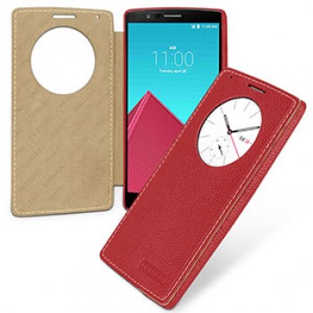 Кожаный смарт чехол горизонтальная книжка (нат.кожа) с круглым окном вызова для LG G4 Красный