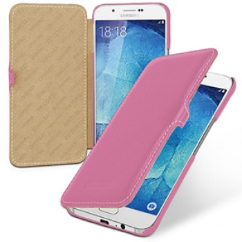 Кожаный чехол горизонтальная книжка (нат. кожа) с застежкой для Samsung Galaxy A8 Розовый