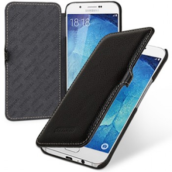 Кожаный чехол горизонтальная книжка (нат. кожа) с застежкой для Samsung Galaxy A8 Черный
