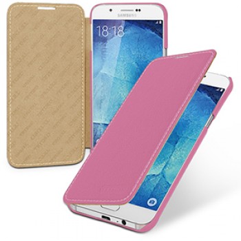 Кожаный чехол горизонтальная книжка (нат. кожа) для Samsung Galaxy A8 Розовый