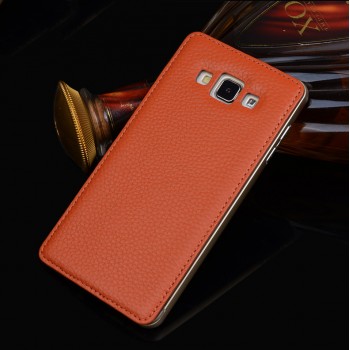 Двухкомпонентный чехол с металлическим бампером и кожаной накладкой для Samsung Galaxy A8 Оранжевый