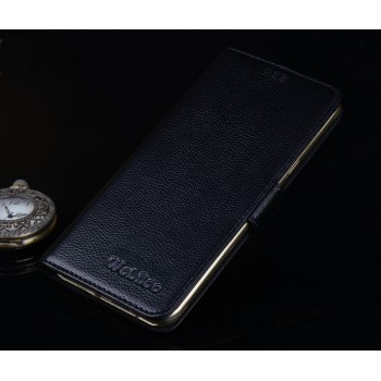 Кожаный чехол портмоне подстава (нат. кожа) с магнитной защёлкой для Samsung Galaxy A8 Черный