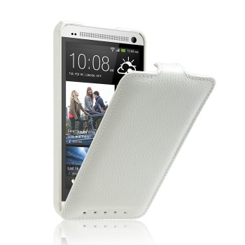 Кожаный чехол вертикальная книжка (нат. кожа) для HTC One (М7) Dual SIM Белый