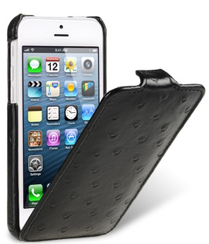 Кожаный чехол вертикальная книжка (кожа страуса) с защёлкой для Iphone 5c Черный