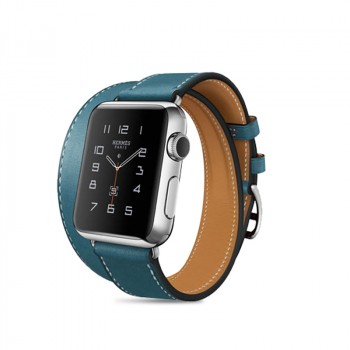 Кожаный прошитый удлиненный ремешок-браслет (нат. кожа) с металлическим коннектором и стальной пряжкой для Apple Watch 38мм Голубой