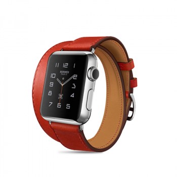 Кожаный прошитый удлиненный ремешок-браслет (нат. кожа) с металлическим коннектором и стальной пряжкой для Apple Watch 42мм Красный
