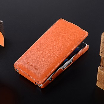 Кожаный чехол вертикальная книжка с защёлкой для Sony Xperia Z1 Оранжевый