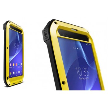 Антиударный пылевлагозащищенный гибридный премиум чехол силикон/металл/закаленное стекло для Sony Xperia T2 Ultra (Dual) Желтый