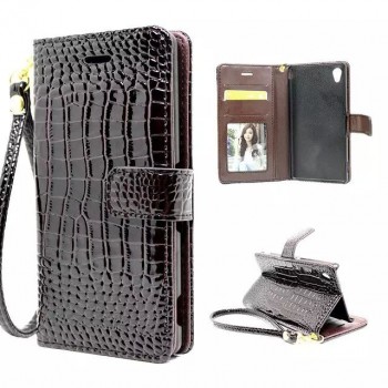 Чехол портмоне подставка с магнитной защелкой текстура Крокодил для Sony Xperia Z5 Коричневый