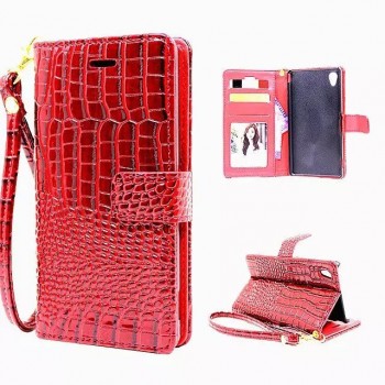 Чехол портмоне подставка с магнитной защелкой текстура Крокодил для Sony Xperia Z5 Красный